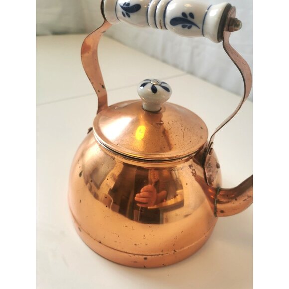 Tea Kettle,Copper Blue White Porcelain Delft Vintage Copper Tea Kettle - Picture 5 of 13